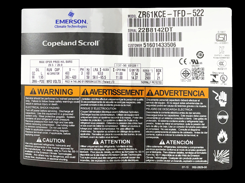 Компрессор спиральный Copeland ZR 61 KCE-TFD-522 купить